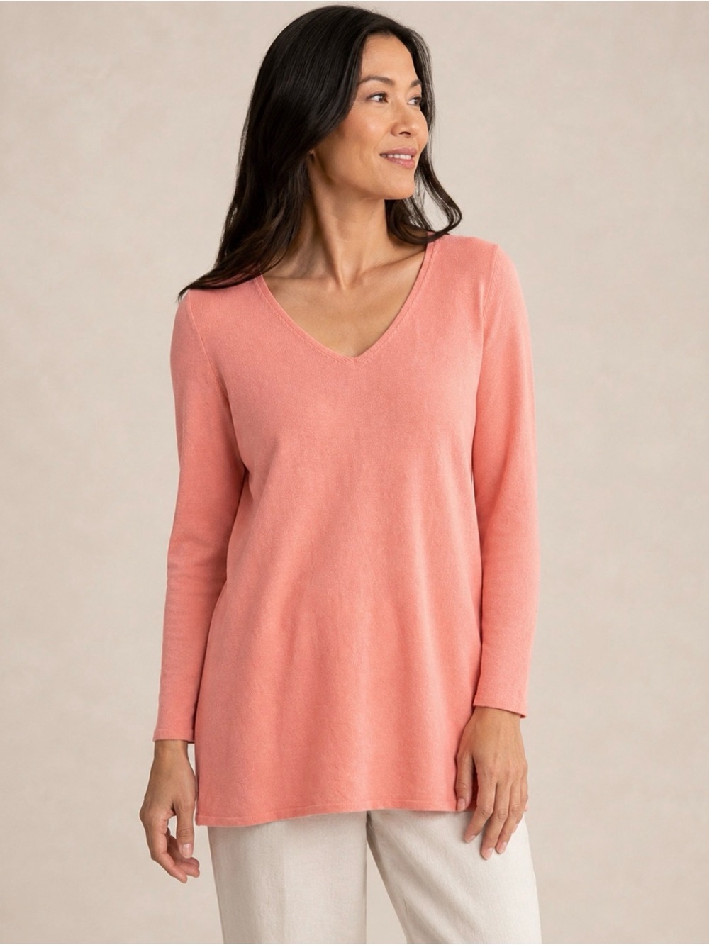 Eileen Fisher Coral Pink V-Neck Long Sleeve Tunic sweater cashmere and silk sz M